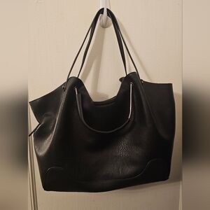 Sondra Roberts Squared Vegan Leather Tote Satchel Black Shoulder Bag Purse Large